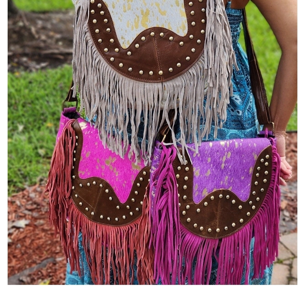 Fringe Leather Shoulder Bag - Brown, Pink, Purple